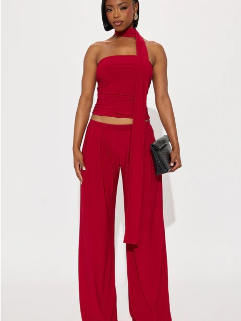 Red 3 Piece Tube Top And Scarf Pant Set -